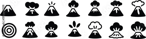 Volcano eruption icons, volcanic activity symbols, lava flow design, smoke cloud silhouette, explosive burst emblem, natural disaster logo, hazard warning graphic