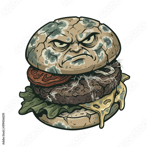 Decomposed Burger with Angry Expression on White Background