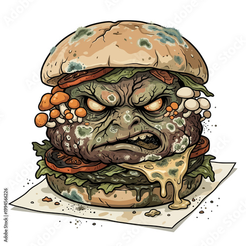 Burger Monster with an Angry and Disgusted Facial Expression