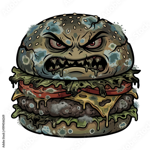 Moldy Burger with an Angry Face Spoiled Food Concept