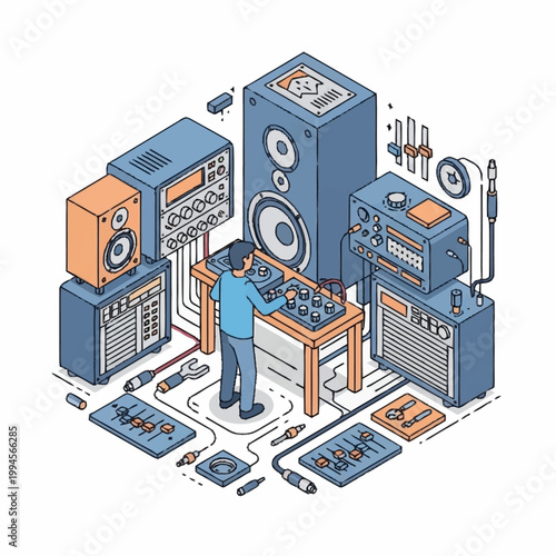Music producer working with sound equipment.