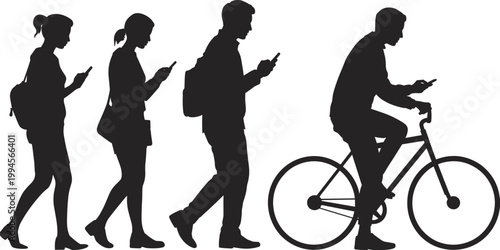 Walking people silhouettes, smartphone users, cycling with phone, modern lifestyle, digital dependence, mobile addiction, urban behavior, technology impact, distracted movement