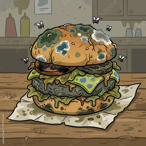 Rotten Burger with Mold and Flies Illustration in Vector Art