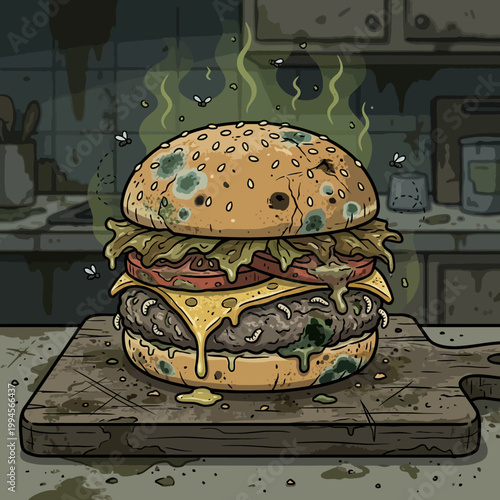 Rotten Burger with Flies and Maggots on Cutting Board
