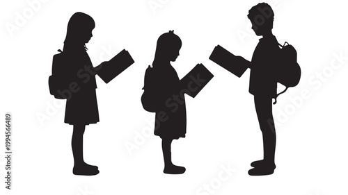 Black silhouettes, school children, kids with backpacks and books, students, education icons