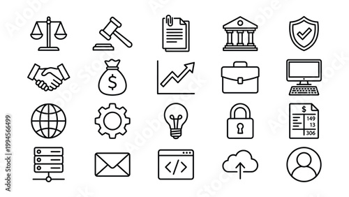 Business and finance icon set with business icons law scale money bag light bulb cloud upload line art document courthouse handshake briefcase computer agreement investment technology