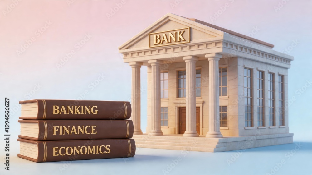Fototapeta premium Books bank building finance education investment economy knowledge learning banking concept with colorful background, representing financial literacy, study resources and institutional economic system