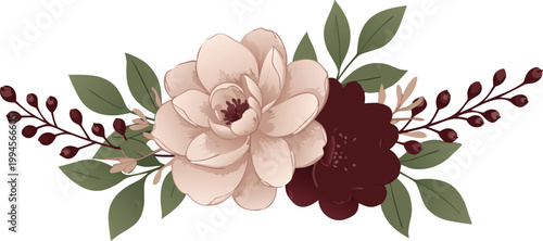 Large pale pink flower with green leaves and dark red foliage