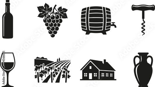 Wine icons, vineyard silhouettes, grapes barrel vector set, winery building, corkscrew jug, wine glass, vineyard rows, beverage culture design