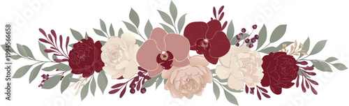 Beautiful floral arrangement with red and white flowers and green leaves on white background