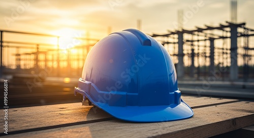 Blue construction helmet on wooden surface at sunset on site