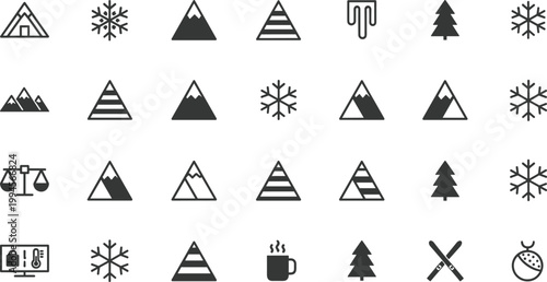 Winter mountain icon set, snowflake vector, ski slope design, pine tree silhouette, outdoor camping symbol, cold weather graphic, seasonal
