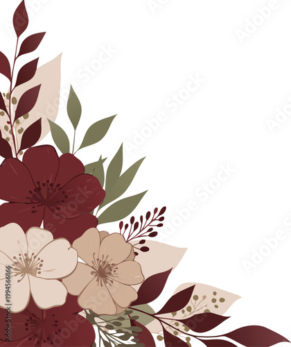 Floral arrangement with white flowers and green leaves on red background
