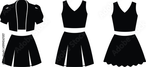 Women’s outfit silhouette set, skirt vector icons, fashion clothing illustration, apparel clipart artwork, black dress design, stylish garment graphic pack