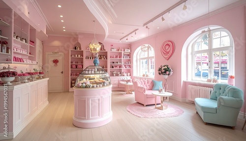Whimsical Pink Candy Shop Interior with Elegant Display and Seating.