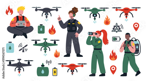 Drone operators in action with drones and equipment for aerial surveillance and delivery services