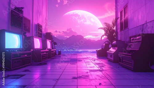 Retro Arcade Dreamscape - Neon-Lit Machines Under a Giant Moon.