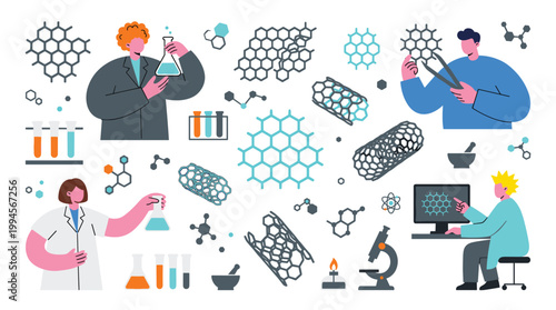 Scientists conducting nanotechnology research with molecular models and equipment in a modern laboratory setting
