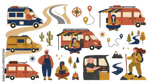 Diverse people enjoying van life adventures with campervans and scenic routes, embracing freedom and outdoor hobbies.