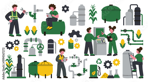 Renewable Energy Production and Biofuel Industry Professionals Working in a Modern Plant