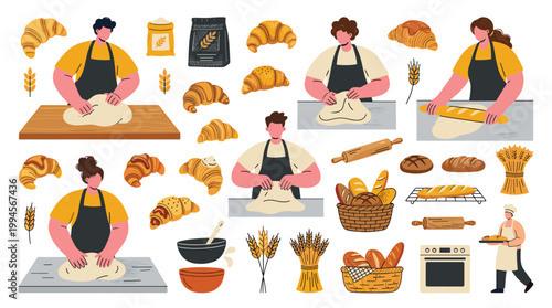 Bakers Kneading Dough and Preparing Fresh Bread and Croissants in a Cozy Bakery Setting