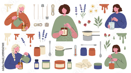 Candle Making Process Illustrated With People Crafting Homemade Scented Candles At Home