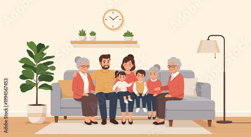 Happy multi-generational family sitting on sofa in living room