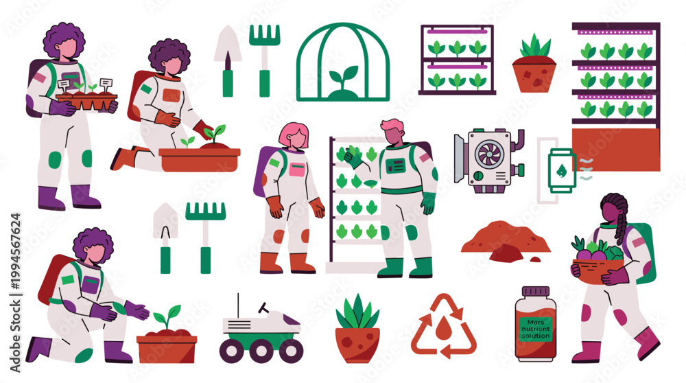 Fototapeta premium Astronauts cultivate plants in a futuristic space greenhouse using advanced technology for sustainable agriculture on Mars