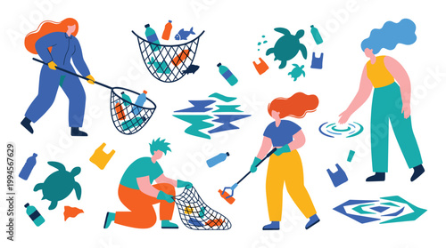 People cleaning ocean plastic pollution with nets and gloves protecting sea turtles and marine life from waste