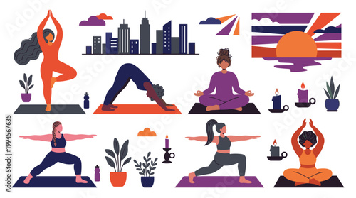 Diverse women practicing yoga in urban setting with city skyline and sunset backdrop promoting wellness and healthy lifestyle