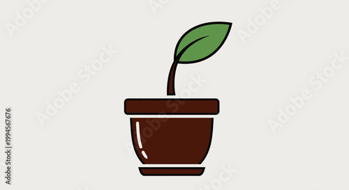 Minimalist illustration of a potted plant with a single green leaf on a light background