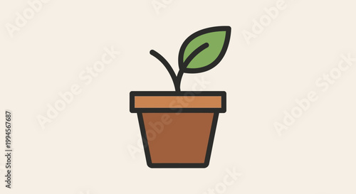 Minimalist Illustration of a Potted Plant with a Single Leaf and a Beige Background