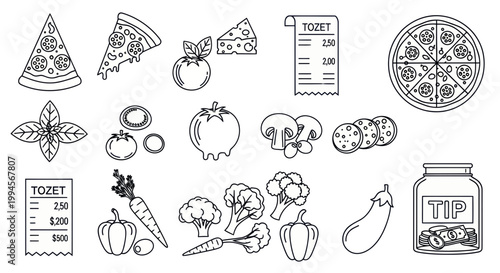 Pizza Ingredients and Food Icons - Line Art Vector Set