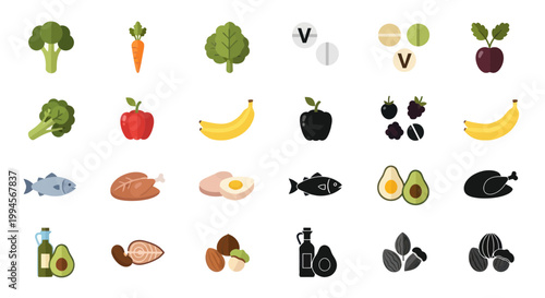 Healthy Food Icons: Fruits, Vegetables, Proteins, Nuts, Oils, Vitamins