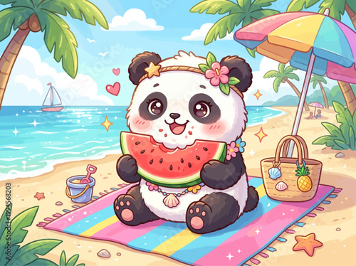 An adorable cartoon panda bear enjoys a delightful summer day at the tropical beach, happily munching on a refreshing watermelon slice