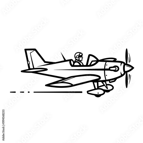 Retro Airplane Pilot Flying Vintage Aircraft, Line Art Illustration