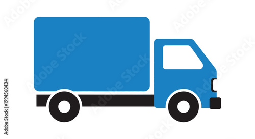 A vector illustration of a delivery truck in blue and black colors on a white background