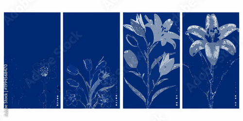A triptych of lilies in varying stages of bloom rendered in deep blue