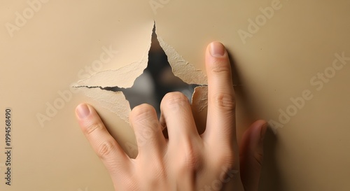 Hand Tearing A Hole In Brown Paper Background Surface