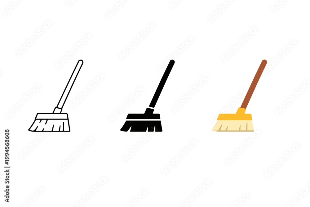 Fototapeta premium Set of three broom icons in outline, solid, and colored styles, showing cleaning tool variations with angled handles on a white background