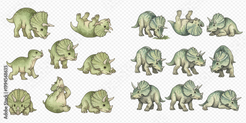 Set of cute triceratops dinosaurs in various poses, hand-drawn illustration for children's designs.