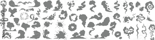 Stylized smoke effect elements set with swirling vapor shapes in modern flat vector illustration isolated on transparent background