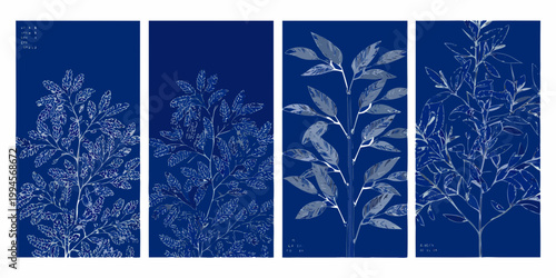 Botanical studies four vertical panels showcasing delicate leaf patterns