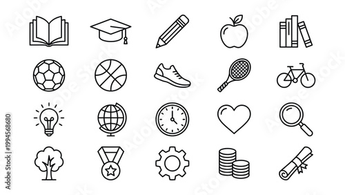 Education and sports icon set with running shoe tennis racket light bulb magnifying glass hand drawn education learning graduation football basketball cogwheel collection illustration