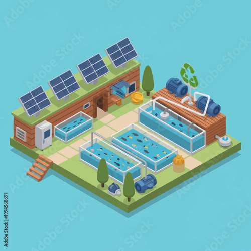 Sustainable aquaculture farm with solar panels.