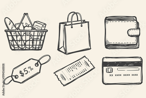 Hand drawn shopping elements set with basket, paper bag, wallet, discount tag, receipt and credit card in line style.