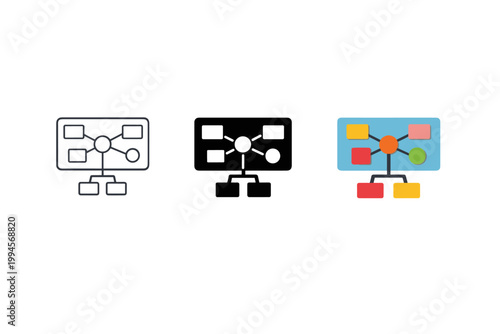 Three workflow diagram icons showing a central hub connected to multiple nodes, presented as outline, solid, and colorful interface-style variations