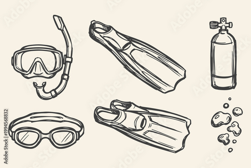 Hand drawn diving gear elements set with snorkel mask, swim goggles, fins, oxygen tank and bubbles in line style.