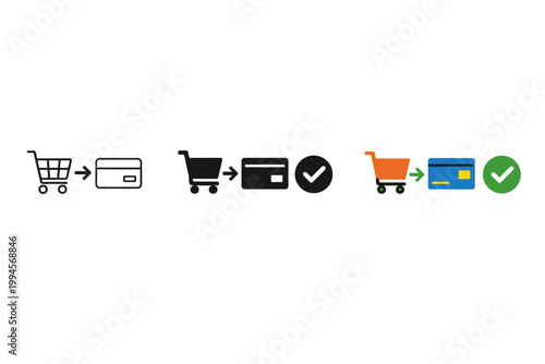 Minimal e-commerce checkout process icons showing shopping cart to payment card with arrows and confirmation checkmarks in monochrome and color