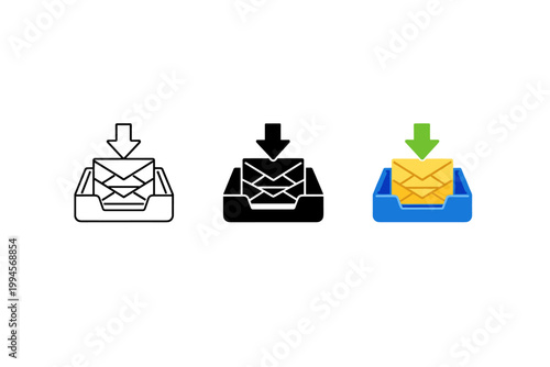 Three inbox icons showing email message download with downward arrows in outline, solid, and colored styles, illustrating incoming mail and communication